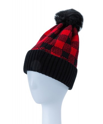 Cozy Checker Beanie W/ Pompom HA320110 RED